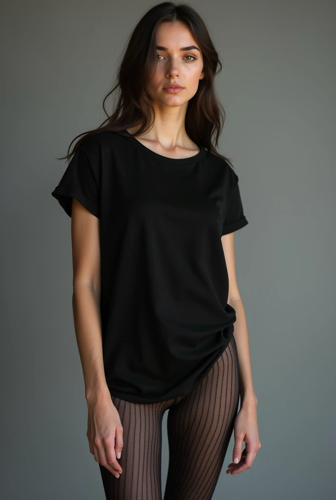 beautiful woman, standing straight facing forward,with black t-shirt, Jeans, on a greyish background, cotton t-shirt texture, oversized t-shirt, round neck, striped tights. Medium camera shot
