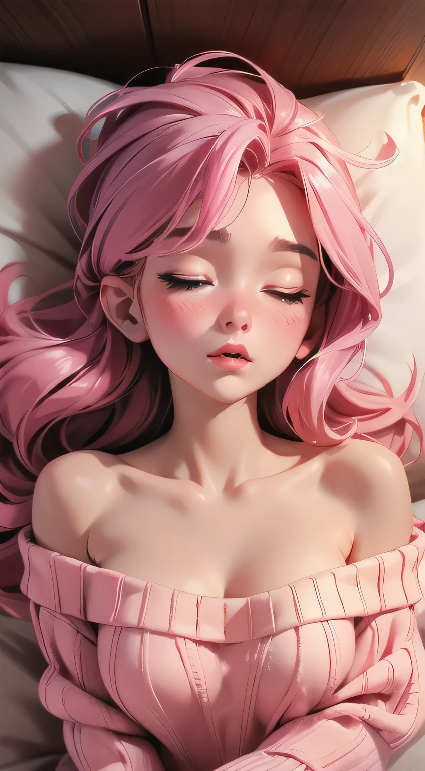 Sexy woman, eyes closed, mouth open, very deep blush, tip of the nose is red, long neck, off shoulder pink sweater, medium chest, visible cleavage, bedroom, warm lighting , lying on bed, head on pillow, facing up 