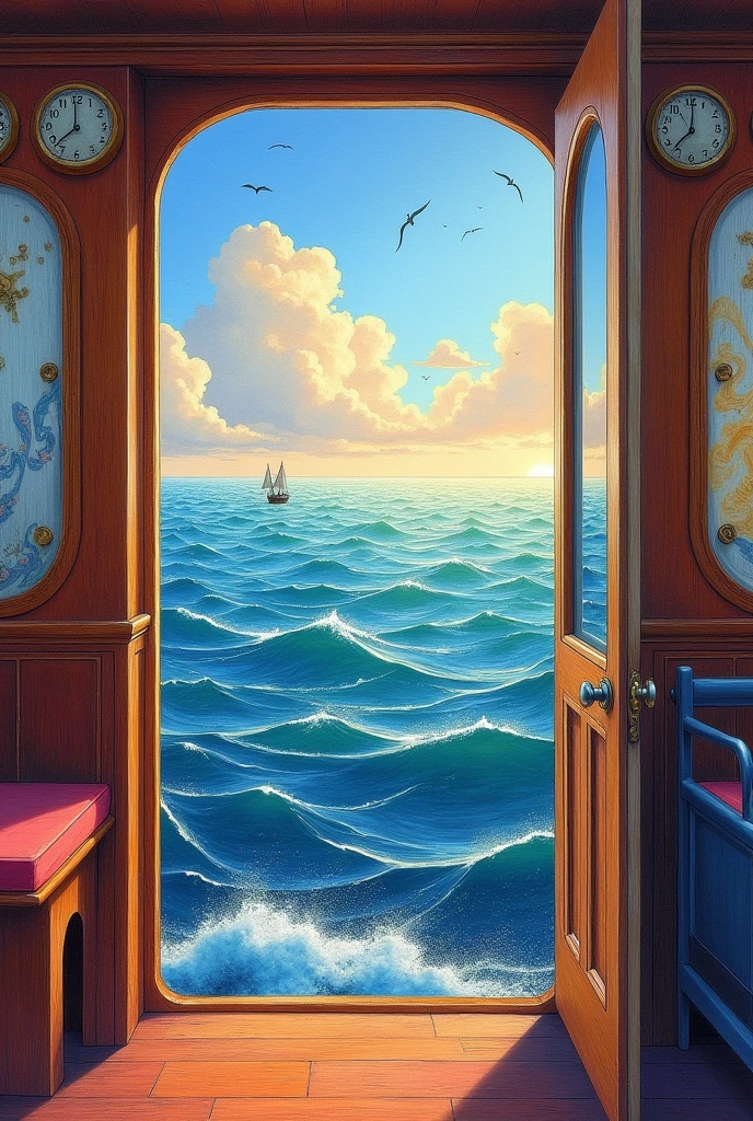 drawn in the form of a colored drawing, view of the sea from inside a ship