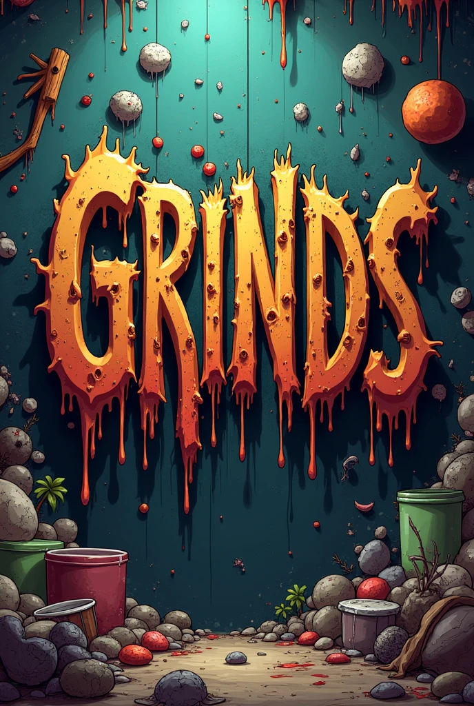 Create a branded banner with the name "GRINDS", the aesthetics of the store are kind of grotesque, messy, kinda disgusting and cartoonish