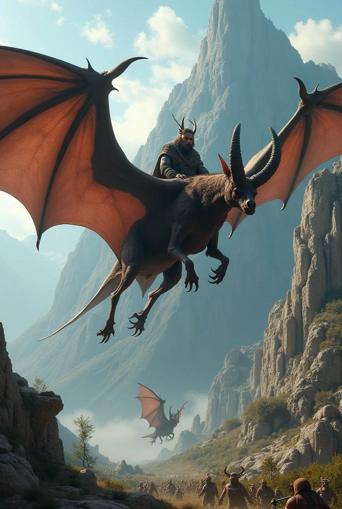 Une chauve-souris geante avec des corne chevauchée par un gitan de saint jaque de perpignan dirige ver le flanc d'une montagne ou sy trouve une armée de ogres et de gobelin la perspective de la vue est a 100m d'altitude