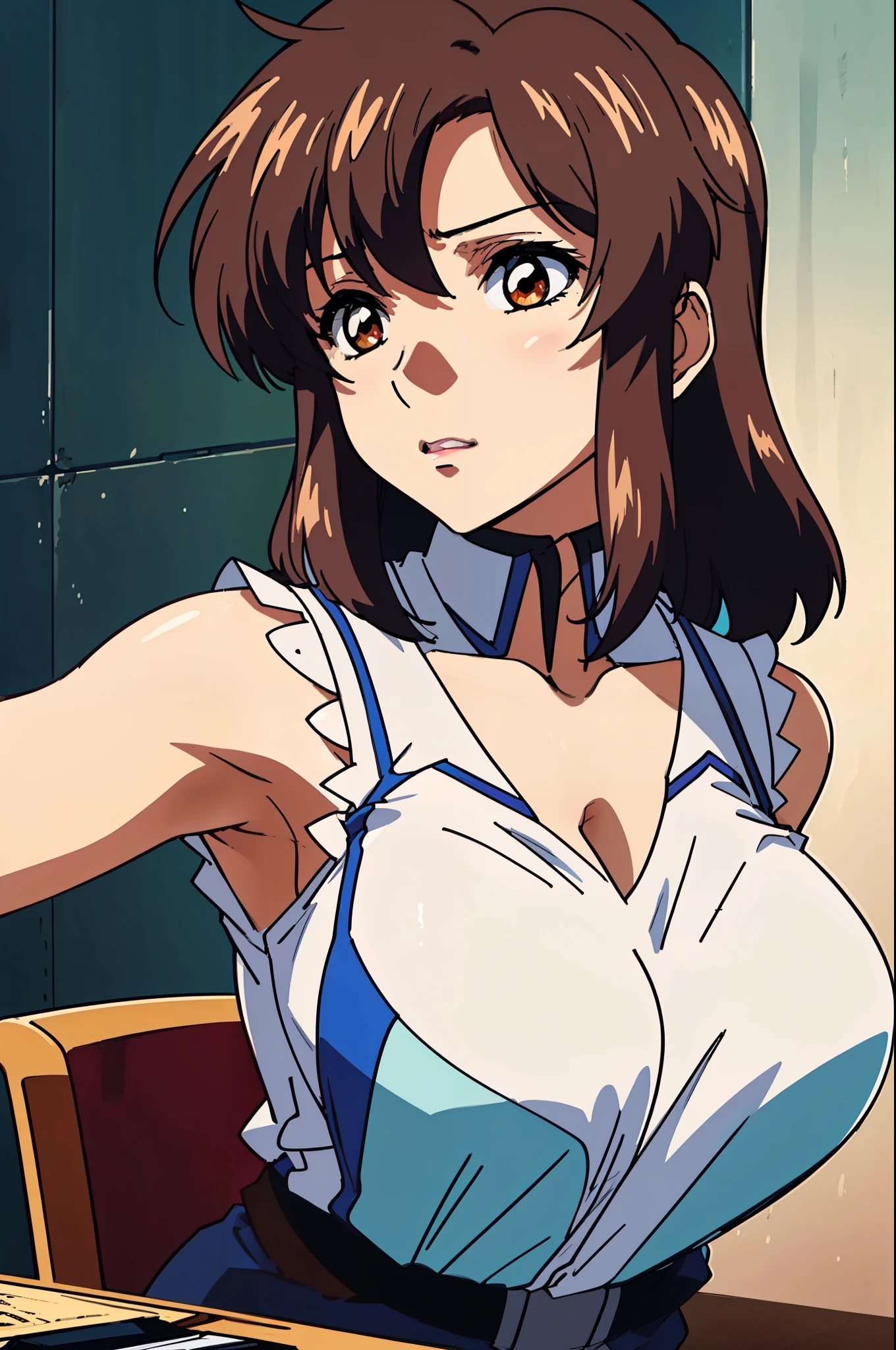 (Armpit Show),(Sleeveless),(Tabletop, Highest quality, High resolution:1.5, Anime Color, Megami Magazine:1.2, Anime poster style, Anime key visual, sharp, 8k, Realistic), (Beautiful attention to detail:1.5, Beautifully detailed face:1.2), Murue Ramius, One person, blush, (Brown Hair, Medium Hair), (Huge saggy breasts), (negligee:1.2, Very good), Upper Body, (Perfectly detailed anatomy, Beautiful detailed hair, Beautiful and exquisite body:1.2, Glowing Skin), (Thick outline, Beautiful contours, Black outline), Simple Background:1.5