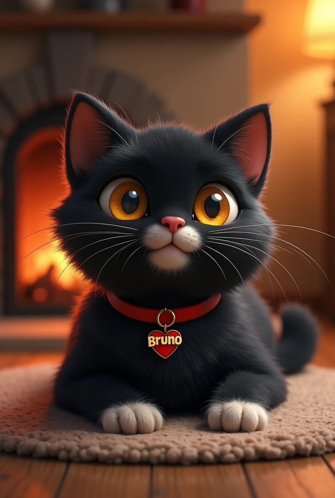 A cute, furry black cat with a red collar around its neck with a pendant saying"Bruno" what is the name of the cat a little big because it is a teenager with white paws, white belly, wide snout and mouth and yellow eyes lying in a house on a rug with a fireplace behind it 