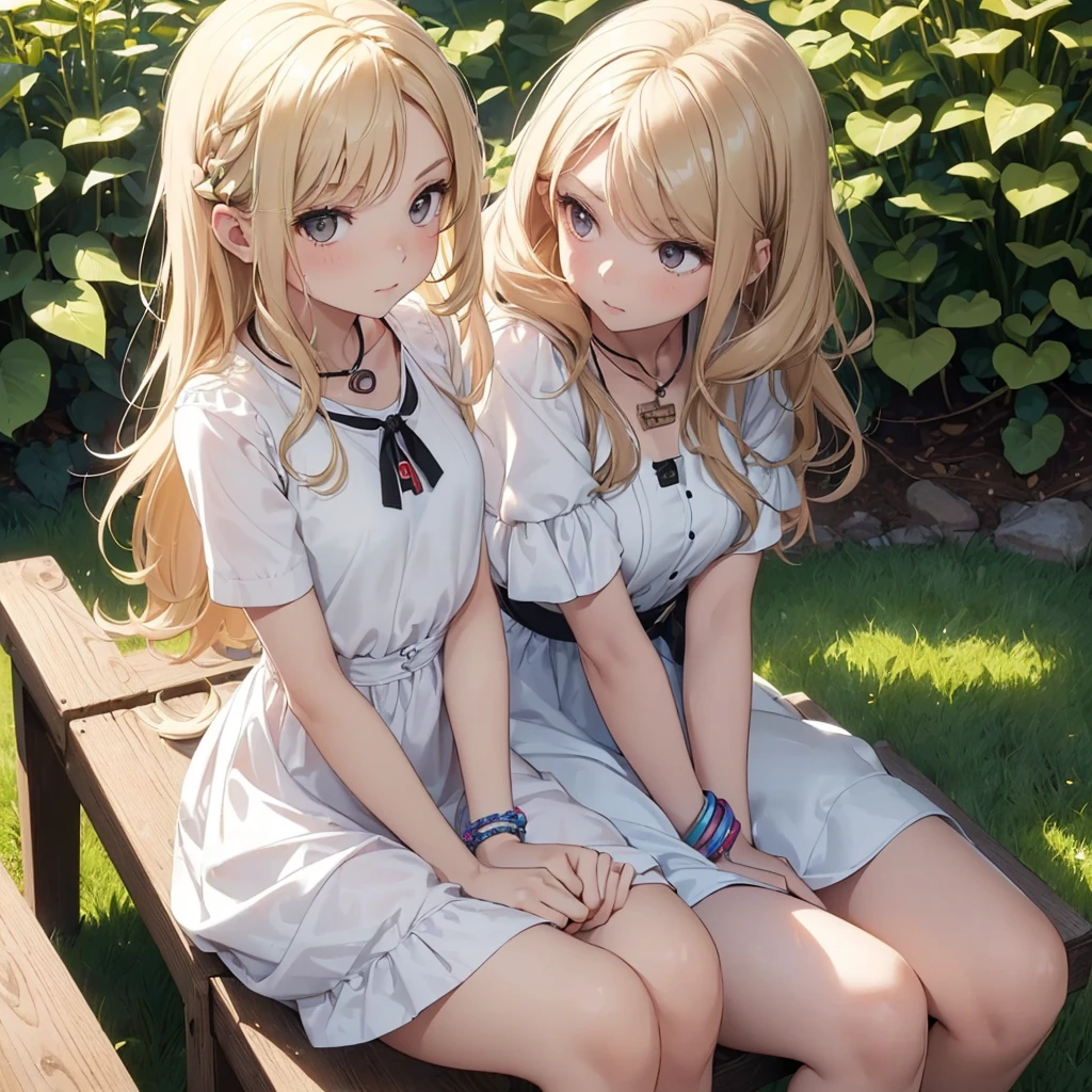 ((a single adult girl from the front view with white skin and a thin body with small breasts, she has wavy blonde hair, she wears an autism badge around her neck which is a colorful puzzle badge, she has several colorful bracelets on her wrist, she has light brown eyes, she wears a simple and cute white dress while wearing black flats, she is sitting on a white bench)) ((the setting is a garden)) ((daylighting, 8k))