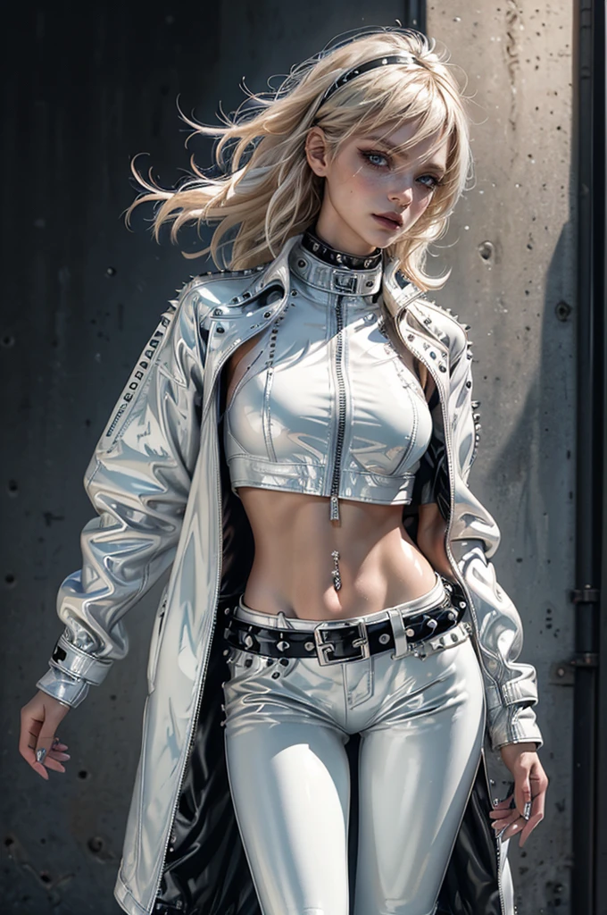 cowboy shot,a pretty 2 girl,blond hair,blue eyes,lora_Emma,slim athletic body,thin waist,punk,(shiny ultra glossy white latex crop top),(shiny ultra glossy white latex pants with multiple zippers),(((long navel piercing))),white studded collar,empty studio,((studded white belts)),((unzipped and open long studded black latex coat)),(best quality,4k,8k,highres,masterpiece:1.2),ultra-detailed,(realistic,photorealistic,photo-realistic:1.37),dramatic lighting,cinematic,fashion photography,studio lighting,high contrast,vivid colors,beautiful detailed eyes,beautiful detailed lips,extremely detailed eyes and face,long eyelashes, hair on one side, nakedflashing