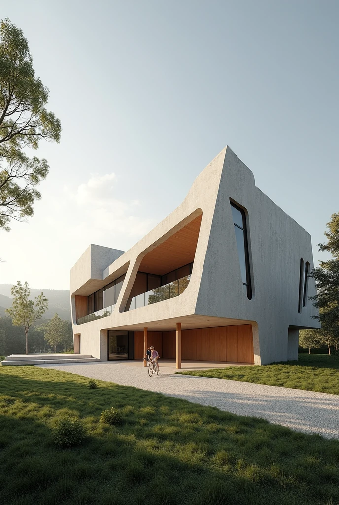 Create an architectural image of an equine therapy center that looks complete with the characteristics of the works of architect Carme Pinós on the outside and create the place with abstract figures where stables and horse tracks can be seen.
