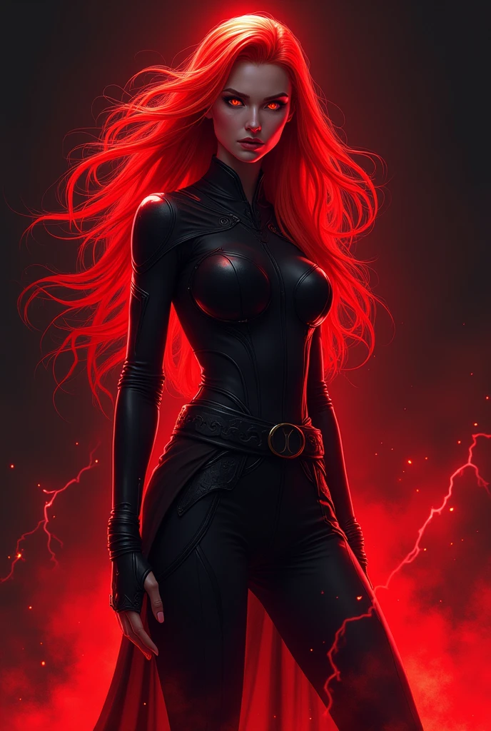 a woman with long red hair standing in front of a black background, ilya kuvshinov style, emitting evil red aura, red neon light, by Hiromu Arakawa, 2 0 2 0 s promotional art, photograph of a techwear woman, 21:9, comic cover