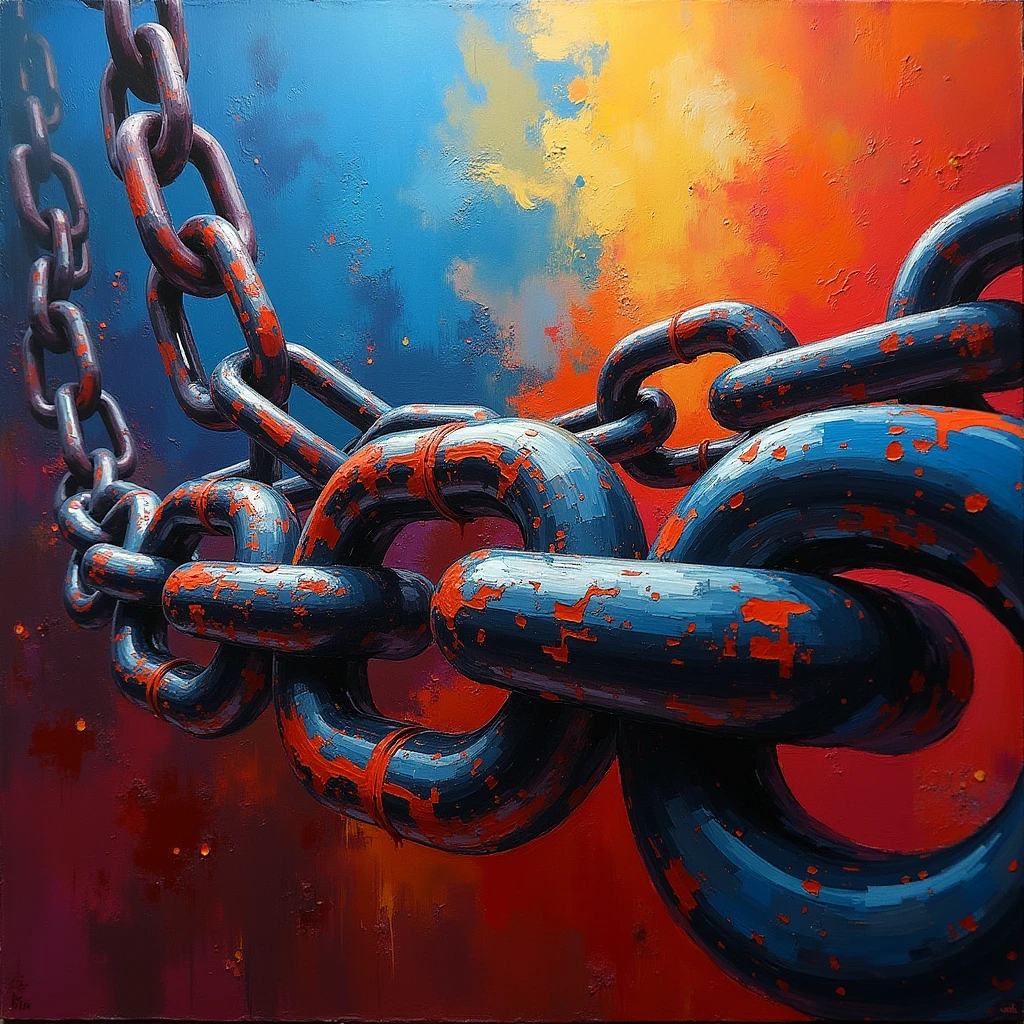 chains, Acrylic Paint art style, fast-drying paint, versatile, vibrant colors, expressive brushwork, rich textures, dynamic compositions, bold contrasts, layered depth, tactile quality, fluid movement, lively energy, immersive atmosphere, professional-grade finish, (best quality, masterpiece, photorealistic), very aesthetic, perfect composition, intricate details, ultra-detailed, vivid colors