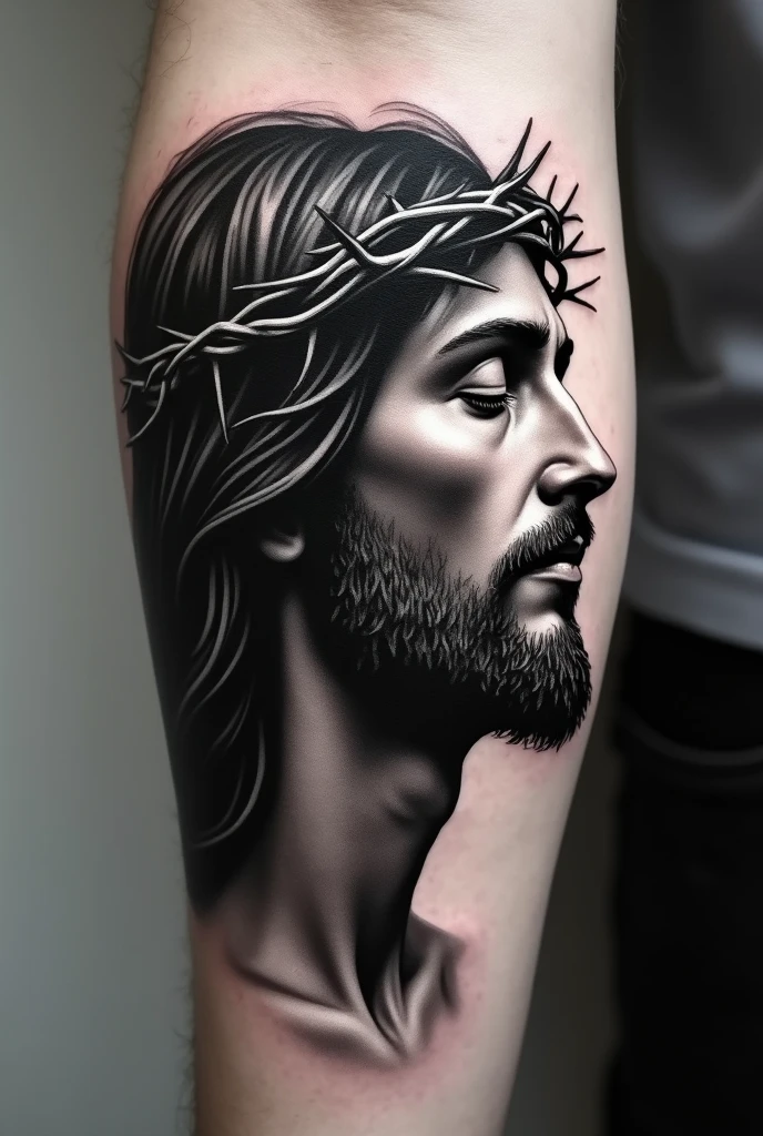 black and gray tattoo of Jesus in profile without the crown of thorns