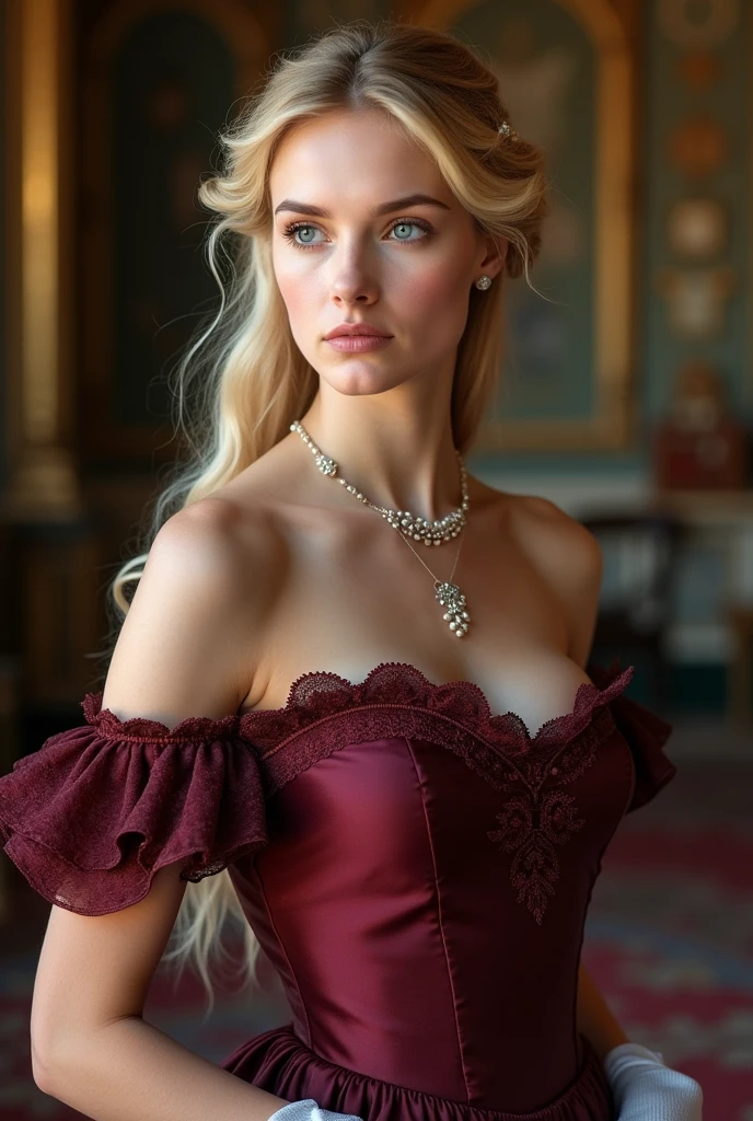 A stunningly beautiful young woman from the late 19th century, with a regal and poised demeanor. She has long, flowing blonde hair styled in an elegant updo, adorned with delicate pearls. Her striking blue eyes are full of confidence and determination. Clara is dressed in an exquisite ball gown made of luxurious satin, in a rich shade of burgundy, with intricate lace detailing and a cinched waist, accentuating her graceful figure. The gown features off-the-shoulder sleeves and a sweetheart neckline, revealing a subtle décolletage. Around her neck, she wears a delicate diamond necklace, and her hands are gloved in white satin. Her expression is one of quiet resolve, as she stands in a grand, opulently decorated room, reflecting her high social status and sophistication."