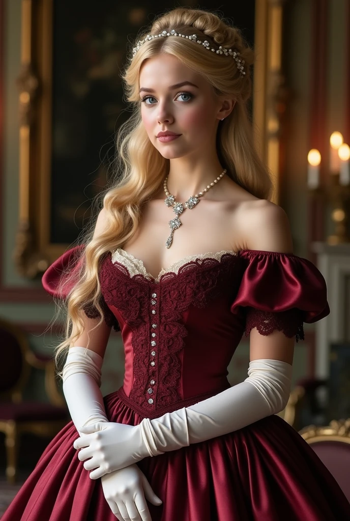 A stunningly beautiful young woman from the late 19th century, with a regal and poised demeanor. She has long, flowing blonde hair styled in an elegant updo, adorned with delicate pearls. Her striking blue eyes are full of confidence and determination. Clara is dressed in an exquisite ball gown made of luxurious satin, in a rich shade of burgundy, with intricate lace detailing and a cinched waist, accentuating her graceful figure. The gown features off-the-shoulder sleeves and a sweetheart neckline, revealing a subtle décolletage. Around her neck, she wears a delicate diamond necklace, and her hands are gloved in white satin. Her expression is one of quiet resolve, as she stands in a grand, opulently decorated room, reflecting her high social status and sophistication."