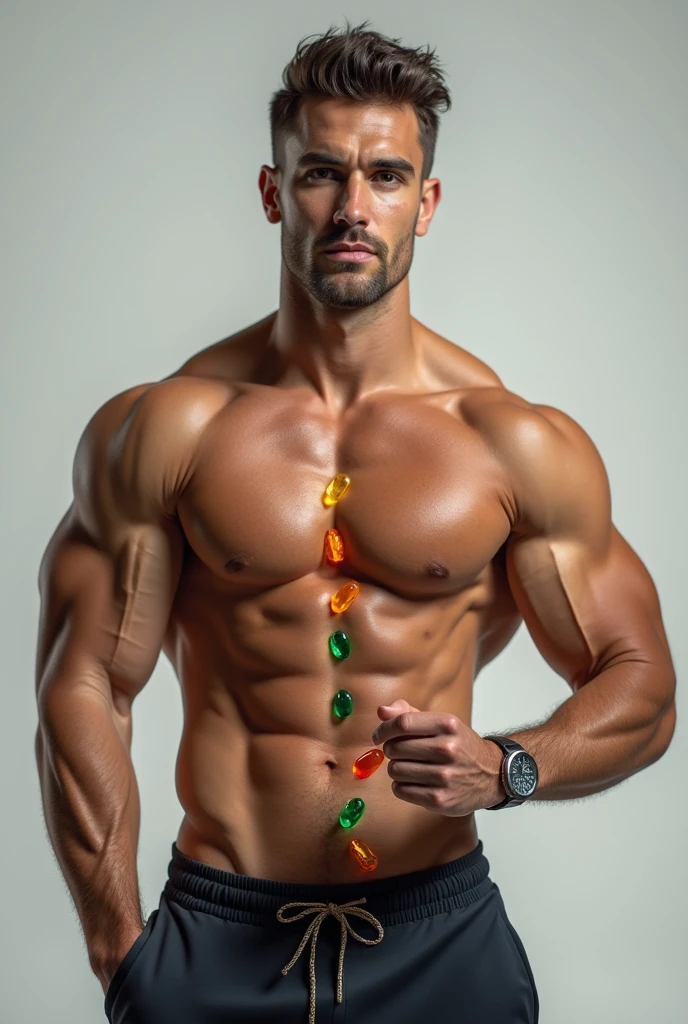 Model men with 6 pac using multivitamin pill