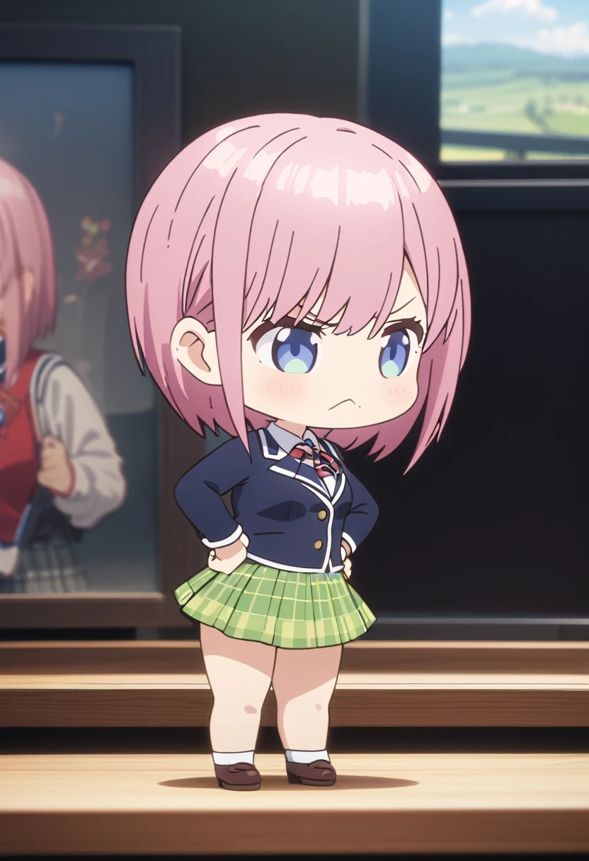 (Highest quality, 4K, 8k, High resolution, masterpiece:1.2), Very detailed, Picturesque, Animated Photography, Photo Animation:1.37)、Japanese girl、(Pink Hair)、(short hair)、(chibi:1.4),white shirt、Yellow-green checkered skirt,(high scool uniform:1.2)、standing、Hands on Hips、angry、anger vein、Full body photography、Nakano ichika