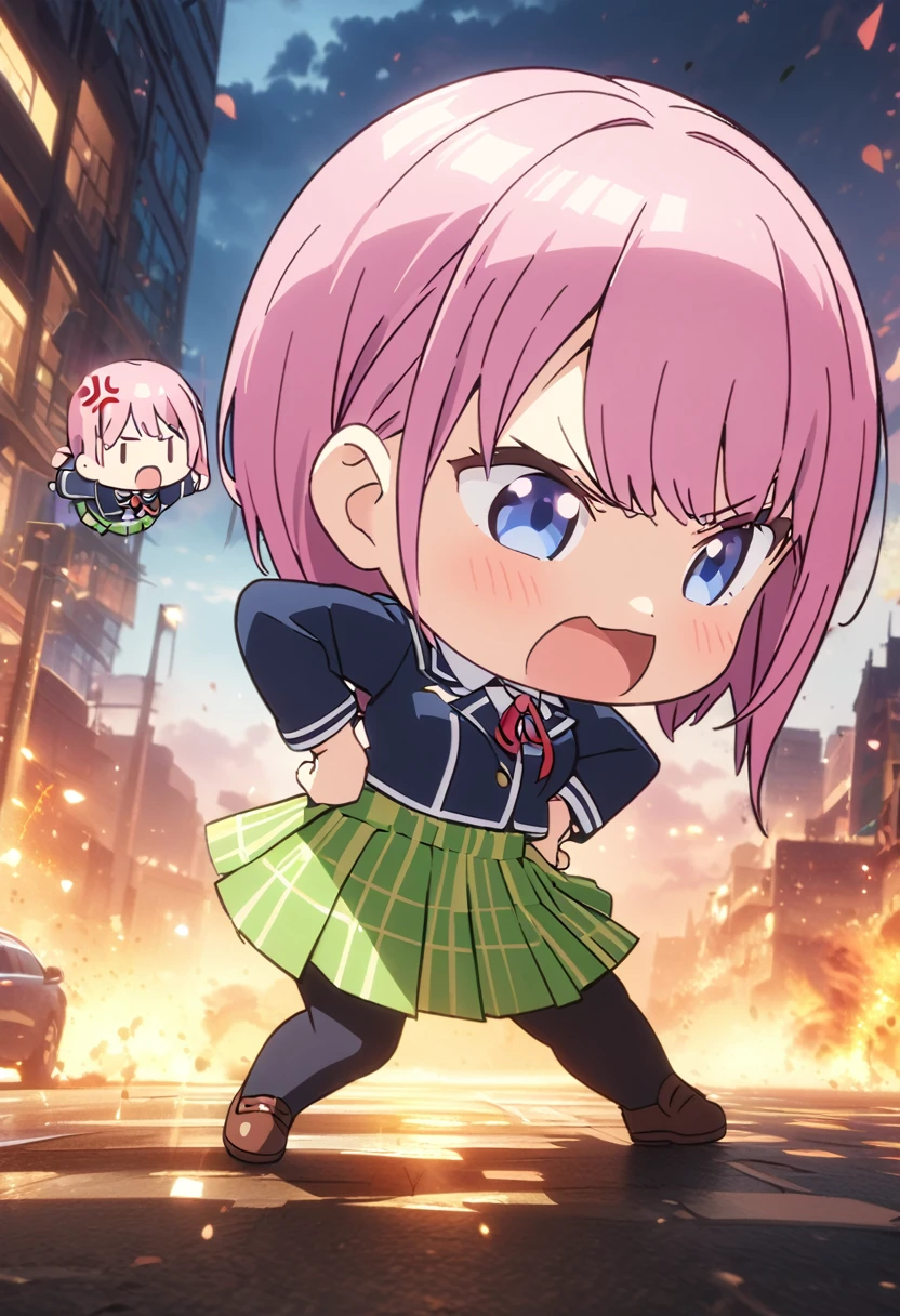 (Highest quality, 4K, 8k, High resolution, masterpiece:1.2), Very detailed, Picturesque, Animated Photography, Photo Animation:1.37)、Japanese schoolgirl、(Pink Hair)、(short hair)、(chibi:1.4),white shirt、Yellow-green checkered skirt,(high scool uniform:1.2)、standing、Hands on Hips、angry、anger vein、Full body photography、Nakano ichika