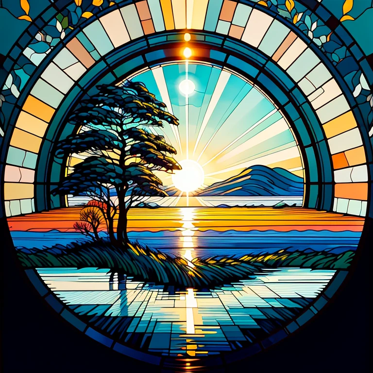 equinox:Sunlight shines through the sparse clouds on the green earth,The sky appears a bright and mild blue,All things are revived。Mobile wallpaper illustration,Nature views, Minimalist illustration, Line illustration, Colorful。circular composition,Flat illustration