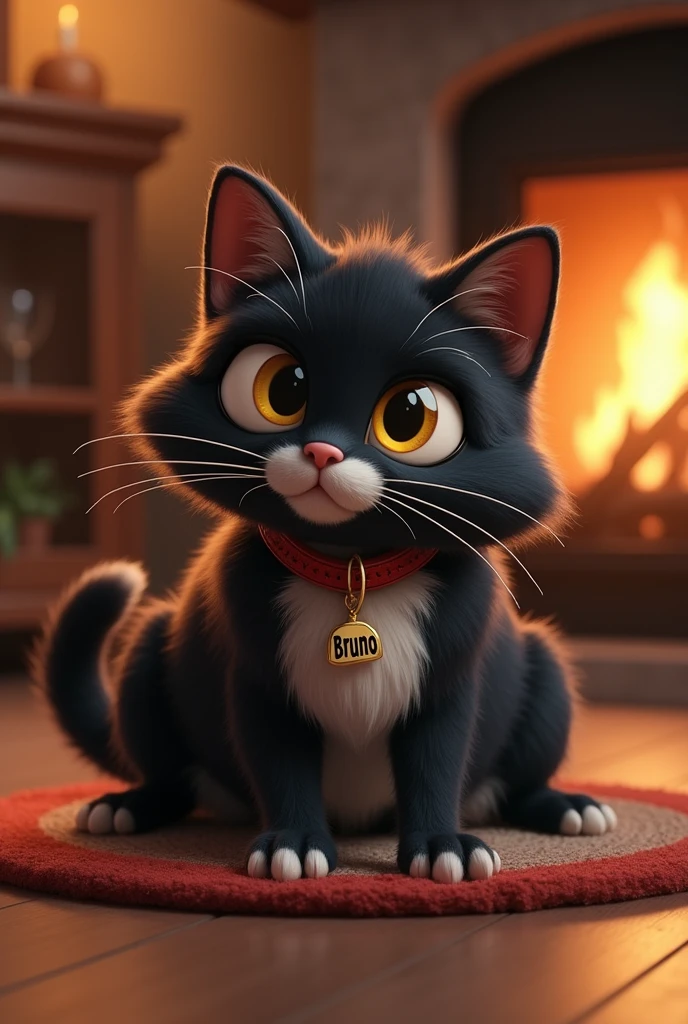 A cute, furry black cat with a red collar around its neck with a pendant saying"Bruno" what is the name of the cat a little big because it is a teenager with white paws, white belly, wide snout and mouth and yellow eyes lying in a house on a rug with a fireplace behind it 