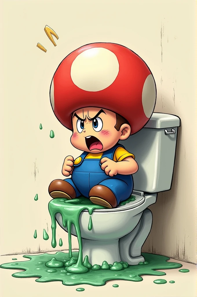 Toad from Super Mario poops on the toilet with diarrhea