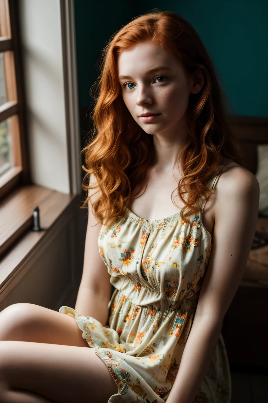 1girl in, age19, Solo, Aesthetic artwork, irish  redhead, curly ginger hair, shoulder length ginger hair, gray eyes, light grey eyes, some small freckles, pale skin, A-cup, small breasts, runners body, detailed skin texture, sitting down having coffee, drinking coffee, (extremely detailed 8k wallpaper), soft lighting, high quality, film grain, Fujifilm XT3 sharp focus, f 5.6, 50mm, High Detail, Sharp focus,(natural light), in a light colored dress. A white sundress, floral pattern sundress, crazy details, complex details, hyperdetailed