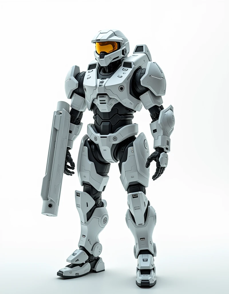 Generate a concept in AI，AI，Half Body，Mecha like halo's masterchief fullcolor white armor，Technology，Surreal, white background