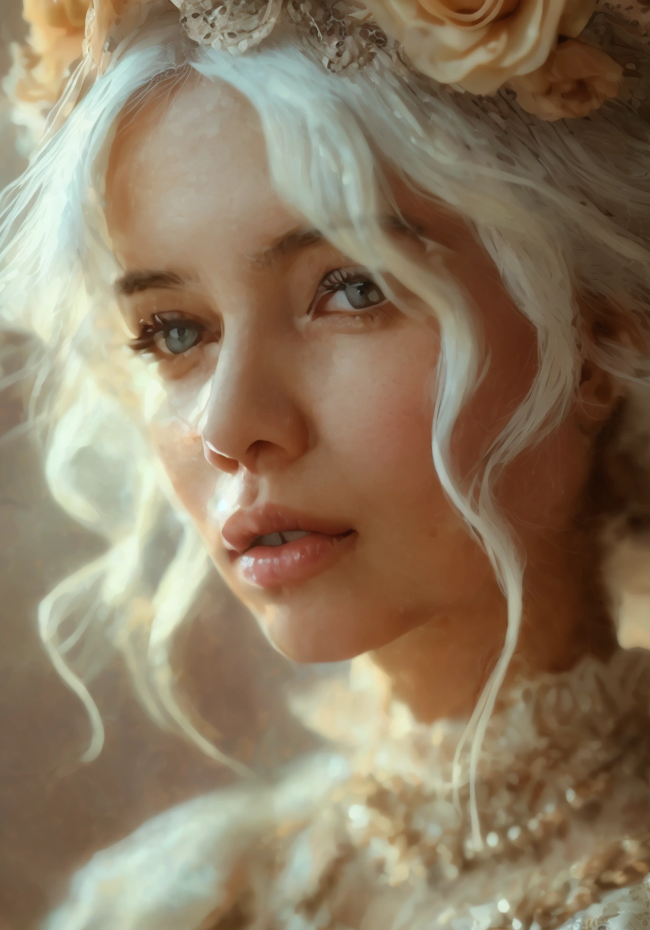 a woman with pastel white hair, sleepy eyes, elegant clothing, 1girl, photorealistic, cinematic lighting, detailed face, detailed eyes,detailed lips,detailed hair, intricate dress design, ornate accessories, soft colors, warm lighting, dreamlike atmosphere, serene expression, high quality, masterpiece