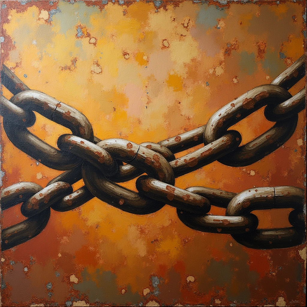 chains, Fresco painting art style, ancient painting technique dating back to antiquity, rich colors and textures, timeless aesthetic, historical significance, evokes a sense of tradition and craftsmanship, (best quality, masterpiece, photorealistic), very aesthetic, perfect composition, intricate details, ultra-detailed, vivid colors