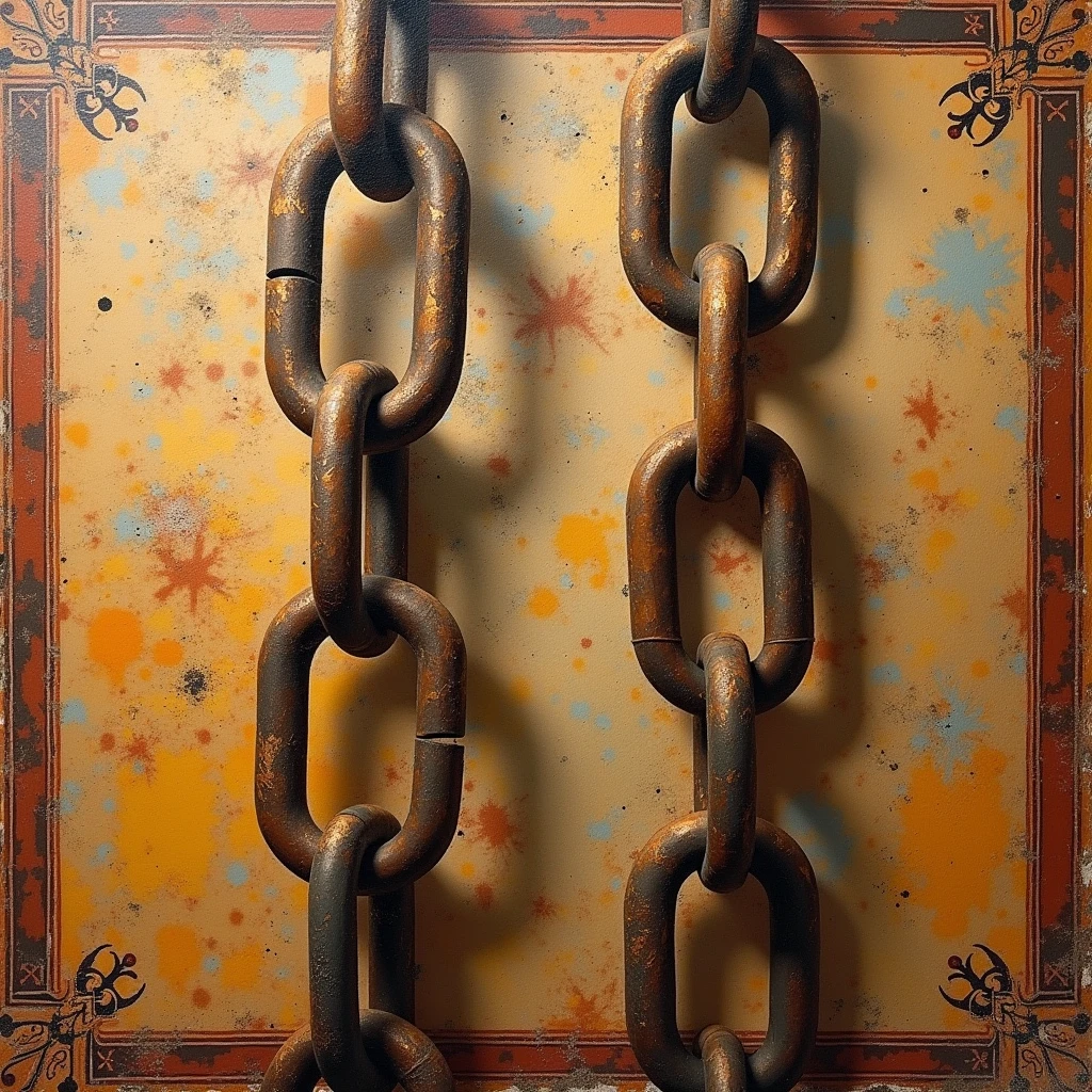 chains, Fresco painting art style, ancient painting technique dating back to antiquity, rich colors and textures, timeless aesthetic, historical significance, evokes a sense of tradition and craftsmanship, (best quality, masterpiece, photorealistic), very aesthetic, perfect composition, intricate details, ultra-detailed, vivid colors