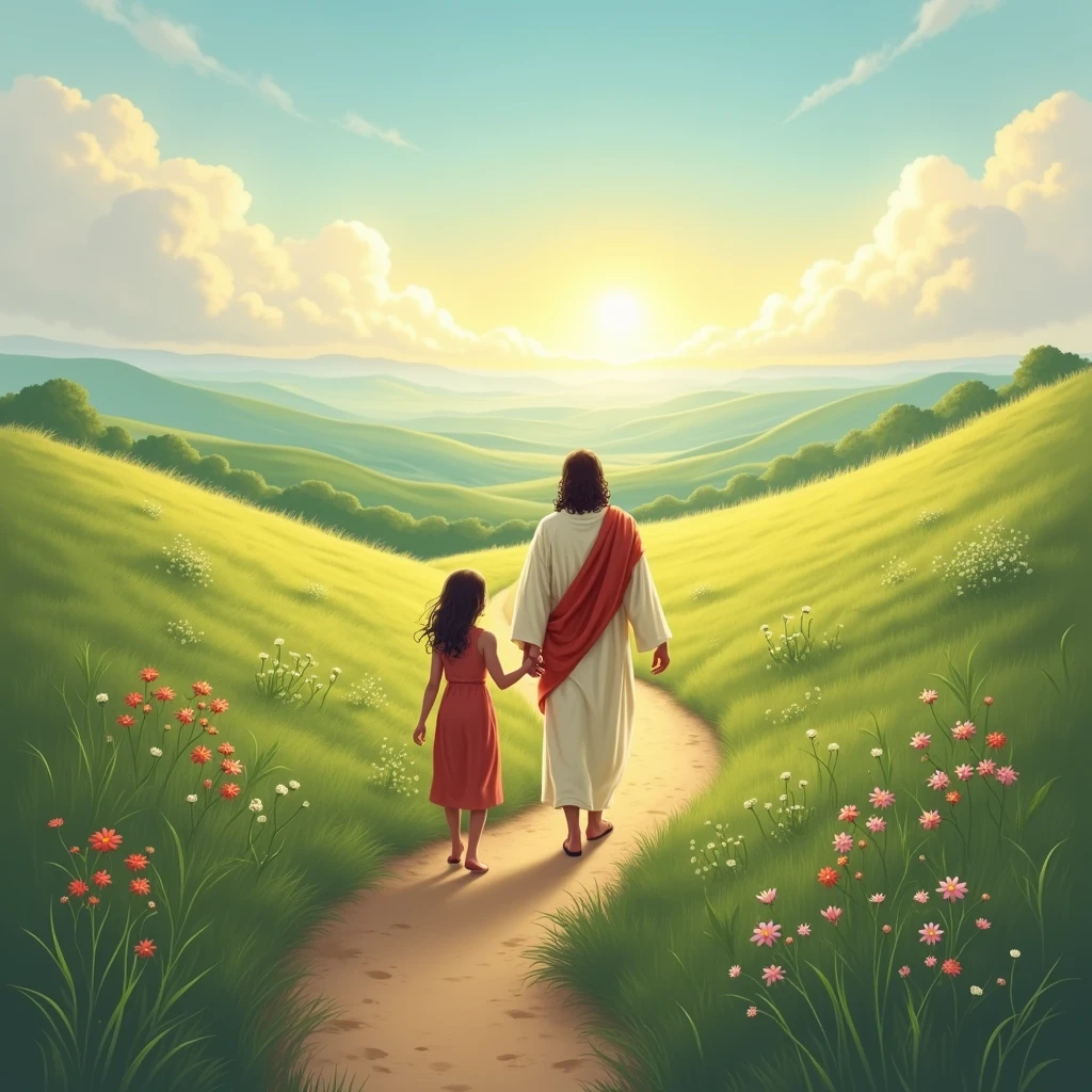 Illustrate a peaceful meadow with a winding path leading towards the horizon. A person walks along the path with Jesus guiding them by the hand, emphasizing the divine guidance and purpose in their journey.