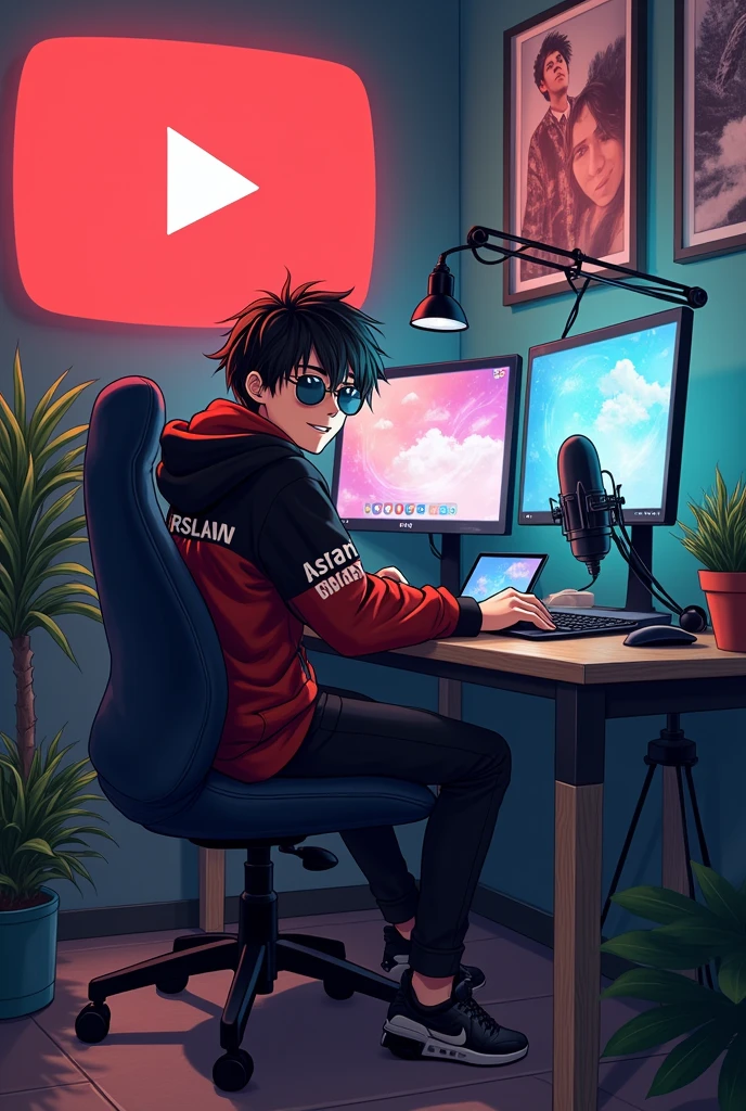 A 18 years anime boy with sunglasses and, sitting in front of a computer desk with a microphone and laptop, wearing black and red hoodie with the Channel Name on it "Arslan Review". The background includes a large YouTube logo on the wall and some paintings on the wall, potted plants on either side,
and various recording equipment looking at camera.