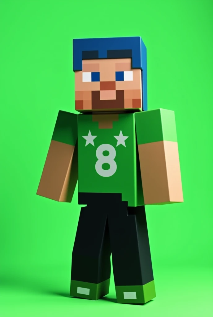 Male minecraft character, Caucasian skin, hair blue, green shirt with a white eight in the middle and two white stars above the eight, black pants, green shoe, cardboard style, posing for a photo to make it square, with green background