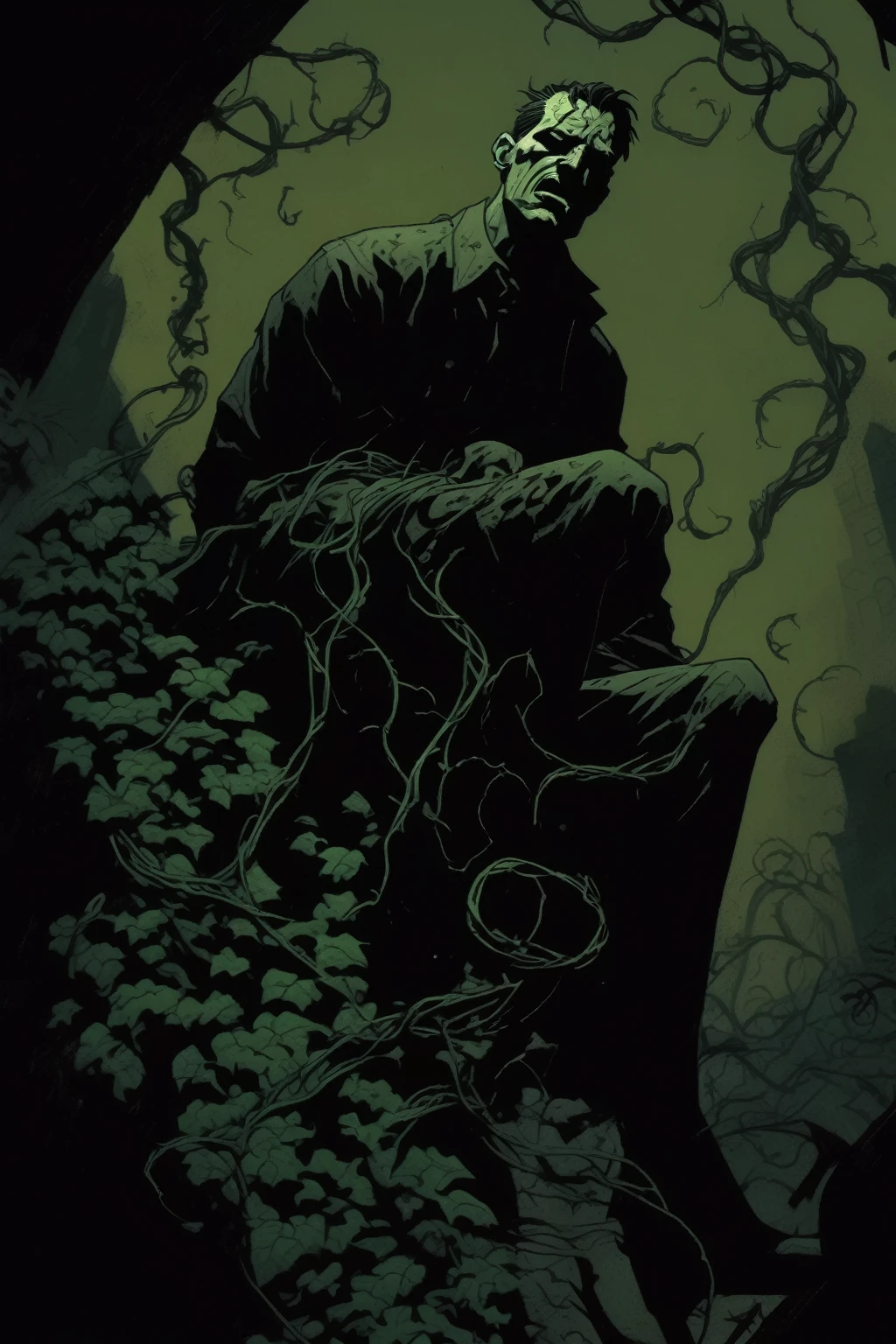 mike mignola style, dark sombre, green vines wrapped around a man's leg, screaming face, helpless, gothic, cinematic, chiaroscuro lighting, dramatic shadows, moody atmosphere, cinematic composition, muted color palette, brooding, intense, powerful, visceral, realistic, 4k, high quality, detailed