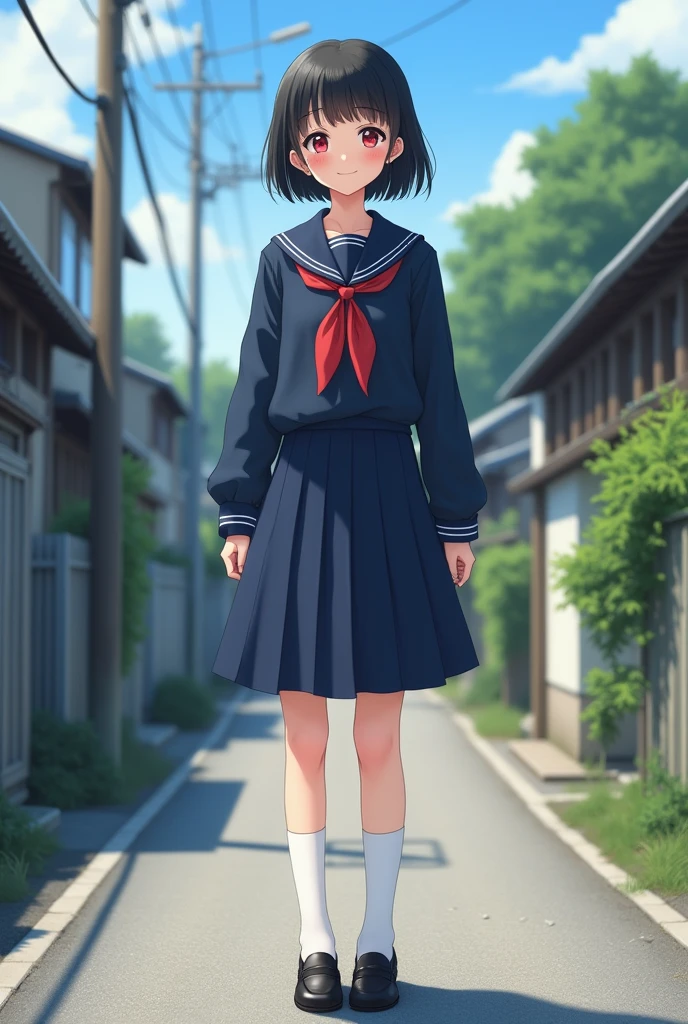 Standing in an empty rural alley in Japan、high school girl、Black short hair、Navy long-sleeved sailor suit、skirt,Deep red eyes、barefoot、Cool smile、Full body portrait,Black Loafers,White socks