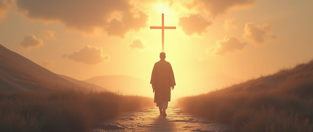 A man walking toward the cross, self-sacrifice, light, path, 3D illustration. 3d rendering