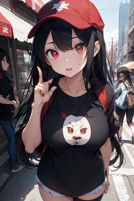 1 female, (two headed girl), black long hair, red eyes, cap, black jacket, white t-shirt, short, huge breast, thick legs, city, 2010s anime, store, blue sky, beautiful face, big lips, normal eyes, sexy body, middle finger, rude behavior, being bad girl, bat