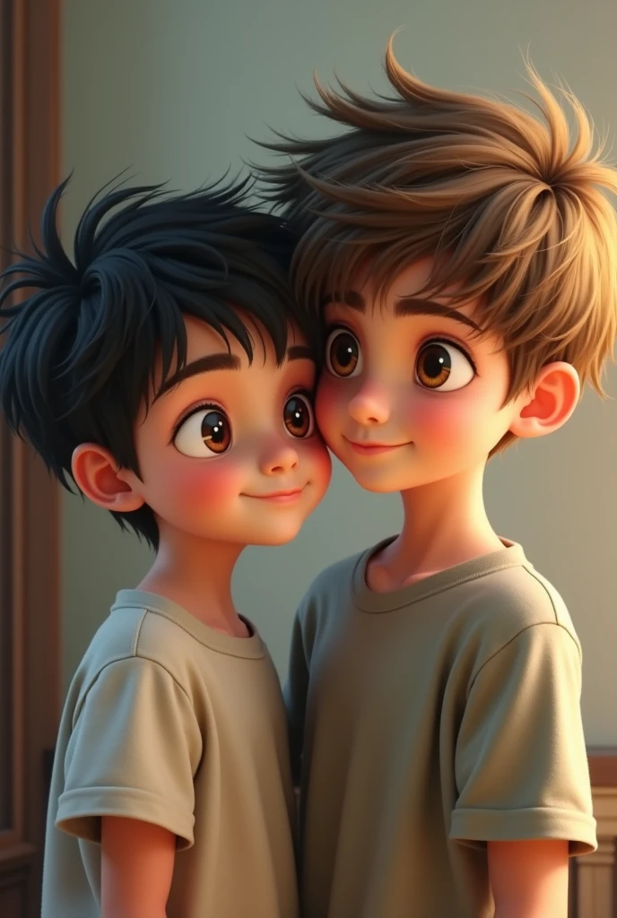 A small black-haired boy with hazel eyes next to a tall boy with brown hair and blonde highlights and light brown eyes