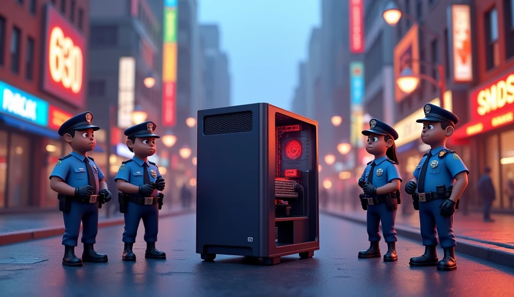 Im Stil von Pixar 3D-Animation filmen. A gaming PC and monitors stand on the street in front of some police officers.