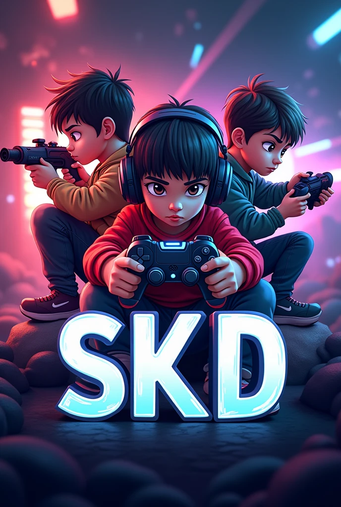 Gamer logo of three children playing and that in letter says (s.k.D) and have weapons and some fear