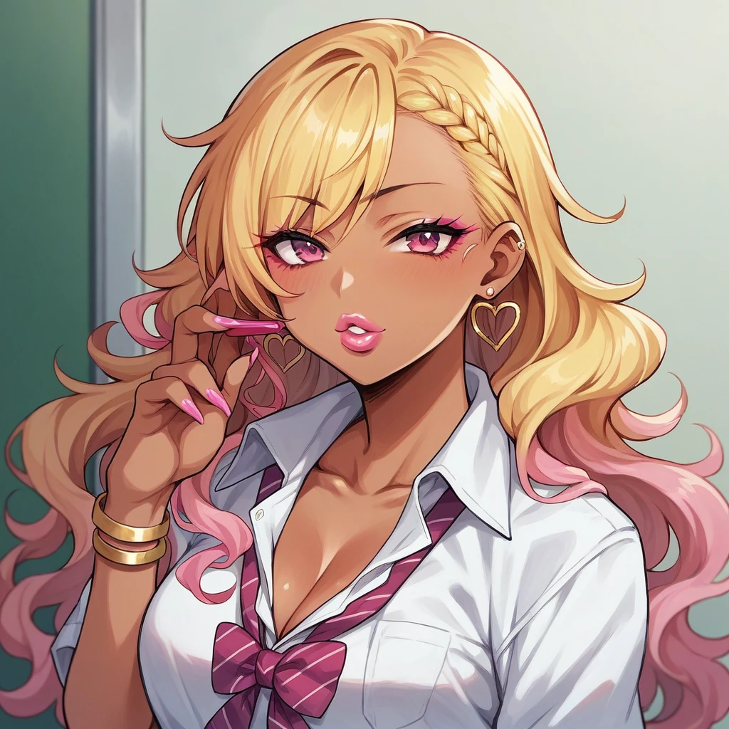 1girl, half body, Dark Skin, blonde Hair, pink Eyes, full Lips, Long Hair, Wavy Hair, gyaru hair, earrings, lipstick, gyaru, gyaru loose school clothes,