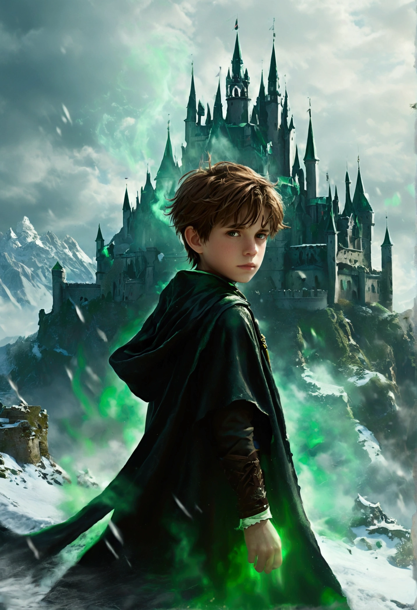 A 2 wizard boy, with short hair, Brown color. He wears a black cape and clothing with subtle hints of green.. It is located in front of a very large castle., old baroque style, It also has a very sinister aura., which rests on some green and somewhat snowy mountains. The weather is cold and very cloudy. Has a green aura around him. It also generates green fire.. She has a slender body.