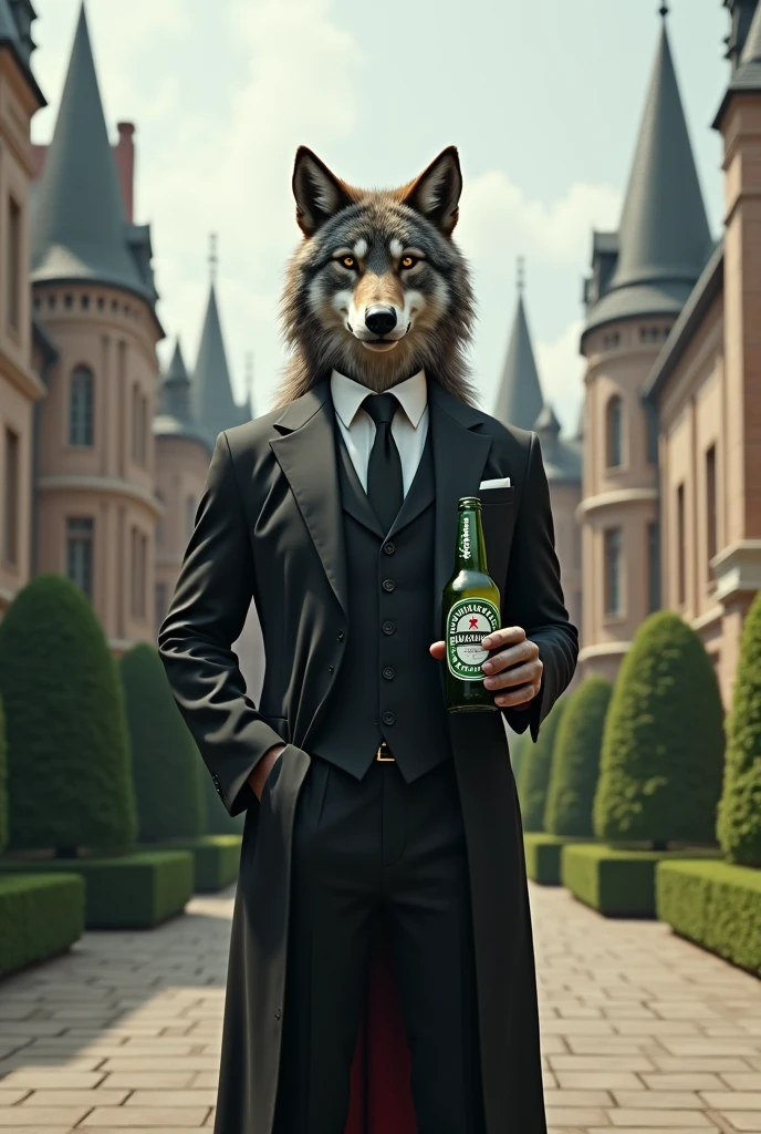 (photorealism:1.2), fondo elegant castillo, werewolf in clothes, heineken , elegant