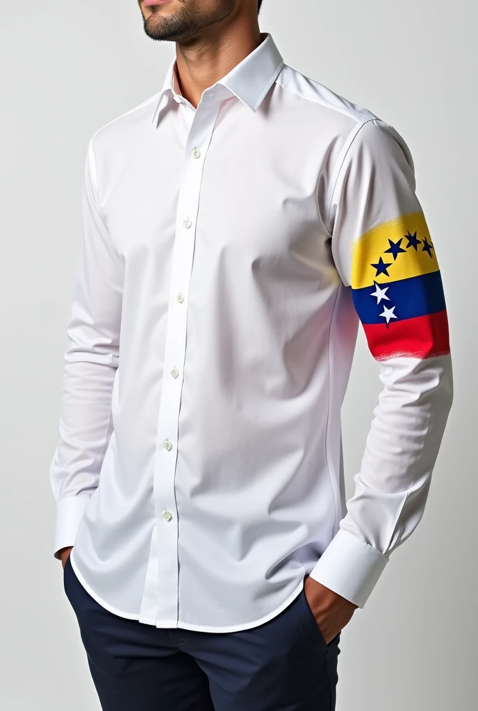 Designed the front of a long-sleeved white dress shirt that has the Venezuelan flag drawn on one sleeve with its 7 legible and extended stars