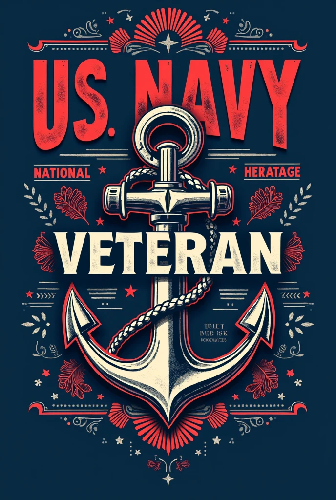 Place "US Navy Veteran" in a strong, bold font across the top of the shirt, with "National Hispanic Heritage" in a smaller, complementary font below it. Incorporate a navy blue color scheme with a graphic of a navy anchor and Hispanic-inspired patterns.