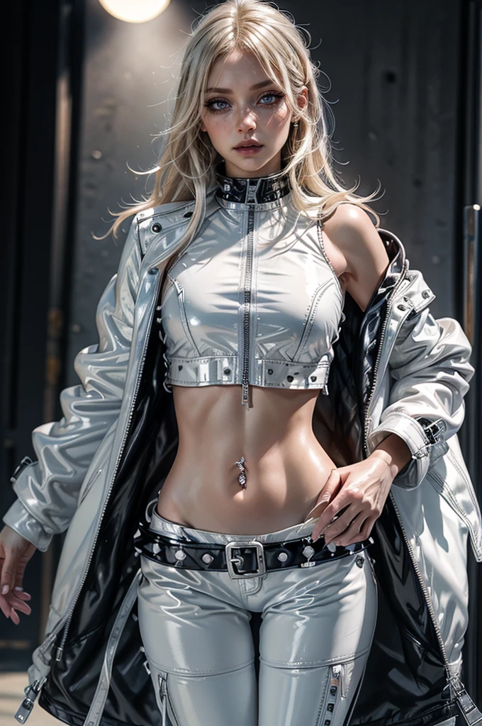 cowboy shot,a pretty 2 girl,blond hair,blue eyes,lora_Emma,slim athletic body,thin waist,punk,(shiny ultra glossy white latex crop top),(shiny ultra glossy white latex pants with multiple zippers),(((long navel piercing))),white studded collar,empty studio,((studded white belts)),((unzipped and open long studded black latex coat)),(best quality,4k,8k,highres,masterpiece:1.2),ultra-detailed,(realistic,photorealistic,photo-realistic:1.37),dramatic lighting,cinematic,fashion photography,studio lighting,high contrast,vivid colors,beautiful detailed eyes,beautiful detailed lips,extremely detailed eyes and face,long eyelashes, hair on one side, nakedflashing