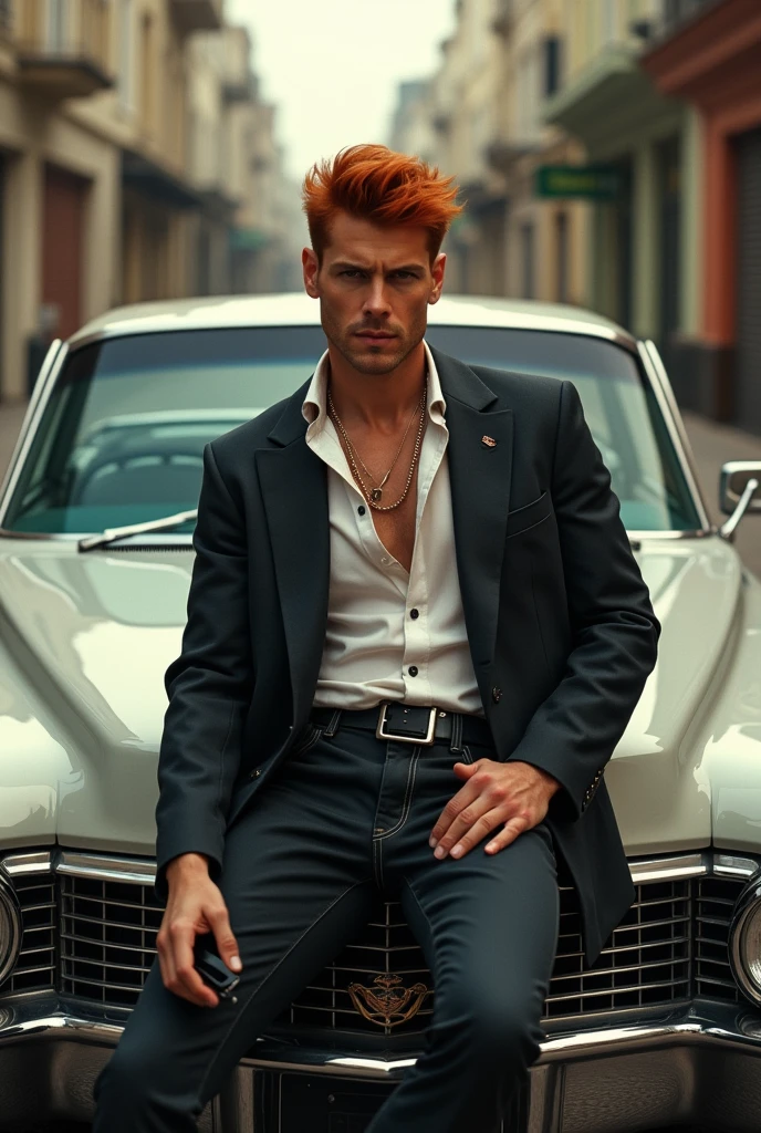 handsome 1 homem with short hair ruivo, corte Mullet Haircut, with cigarette in mouth, sitting on the hood of a Cadillac with his cell phone in his hand, cool pose. 2 guy.