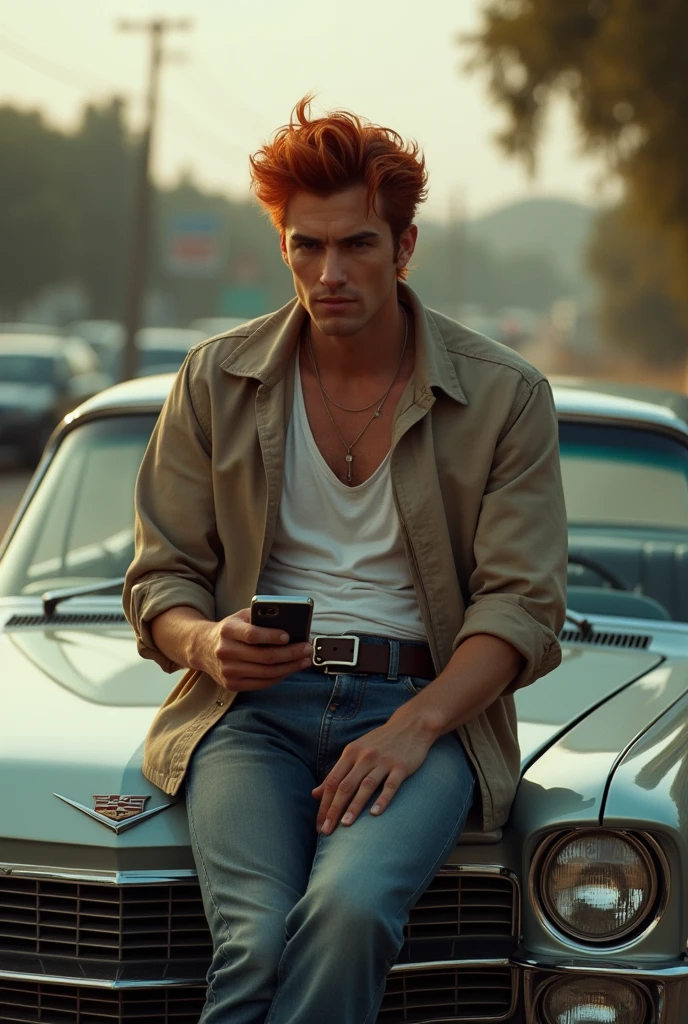handsome 1 homem with short hair ruivo, corte Mullet Haircut, with cigarette in mouth, sitting on the hood of a Cadillac with his cell phone in his hand, cool pose. 2 guy.