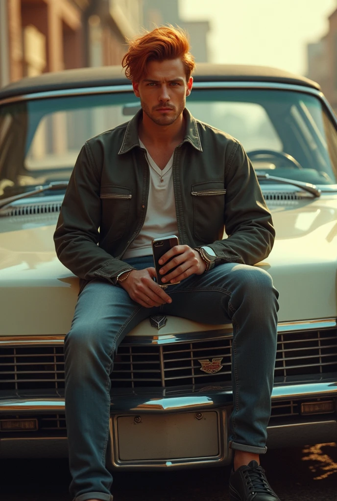 handsome 1 homem with short hair ruivo, corte Mullet Haircut, with cigarette in mouth, sitting on the hood of a Cadillac with his cell phone in his hand