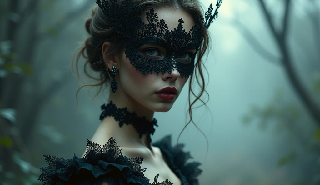 a closeup of a person wearing a mask, dreamy gothic girl, elegant render, Half-body photo, mistress, photoshop rendering, ebony rococo, elegant girl, female spy, haunting a beautiful young woman, superhero girl, extravagant dress, pretty girl