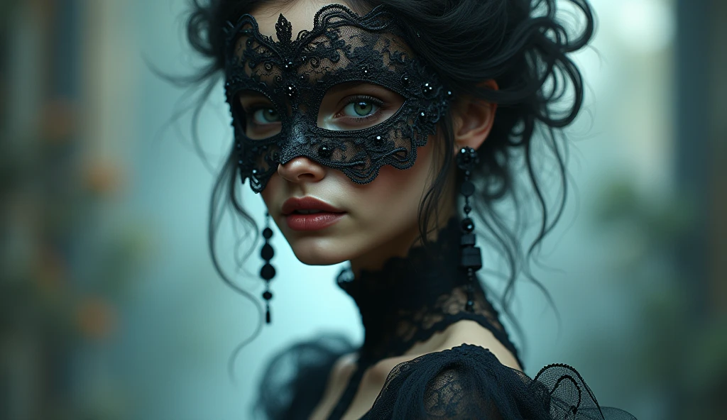 a closeup of a person wearing a mask, dreamy gothic girl, elegant render, Half-body photo, mistress, photoshop rendering, ebony rococo, elegant girl, female spy, haunting a beautiful young woman, superhero girl, extravagant dress, pretty girl