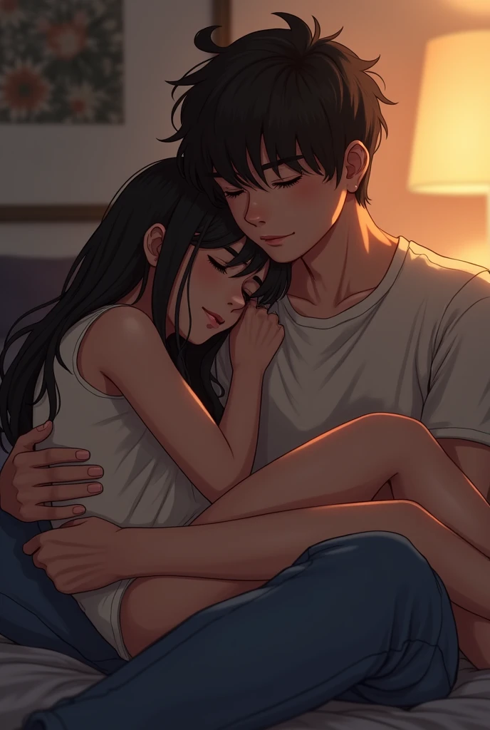 A girl curled up on a teenage boy's lap. The boy holds the girl.