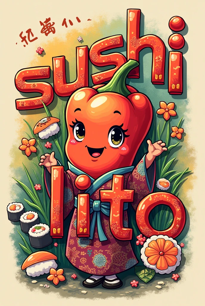 Letters that say Sushi'lito with a cartoon Japanese chili with sushi