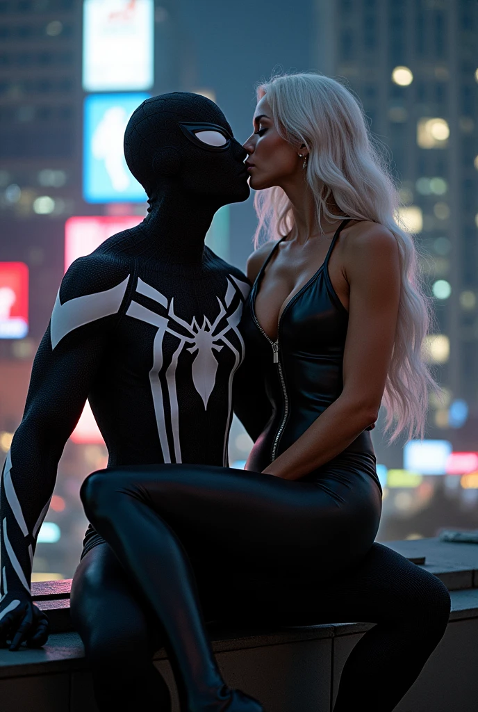 A stunning portrait of Felicia Hardy straddling on top of a muscular Peter Parker without a mask in his black suit and white suit, symbiote suit, kissing, French kiss, passionate kiss, she is young and beautiful, her hair is white, she is wearing a black leather body suit unzipped to her belly button, cleavage, sexy, seductive, large breasts, athletic body, narrow waist, wide hips, Spider-Man’s suit is only black and white, he is not wearing his mask, Peter Parker’s face

Location: location is city rooftop at night. Neon lights

Action: she is sitting on top of him, straddling him, he is grabbing her ass passionately, her breasts are pressed against him.